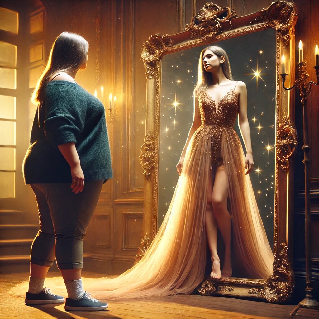 Она испугалась и было побежала, но тут же из ничего появилось древнее зеркало, и Марина увидела своё отражение — лёгкое и грациозное.