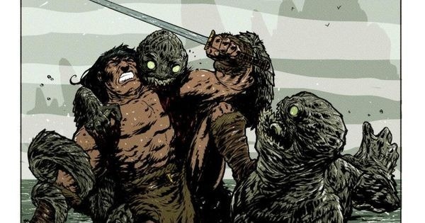 Конан сражается с жителями глубин, Deep Ones, из Мифов Ктулху. Персонажей разных вымышленных миров здесь соединила фантазия современного художника. 