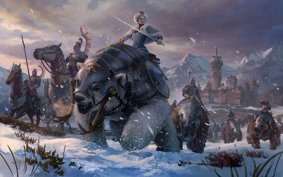 Снежная ведьма верхом на белом медведе, крылатые гусары, медвежья кавалерия и причудливые луковицы куполов — Кислев во всей клюквенной красе. Иллюстрация из компьютерной игры Total War: Warhammer III