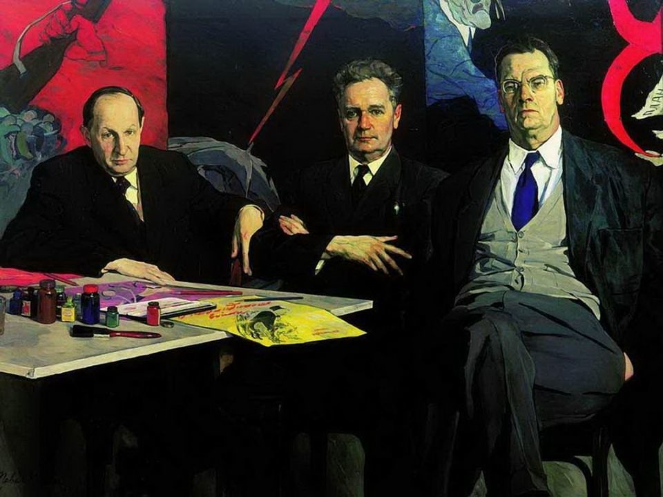 Павел Корин (1892—1967). Портрет художников Кукрыниксов. 1957. (Слева направо — Крылов, Соколов, Куприянов)