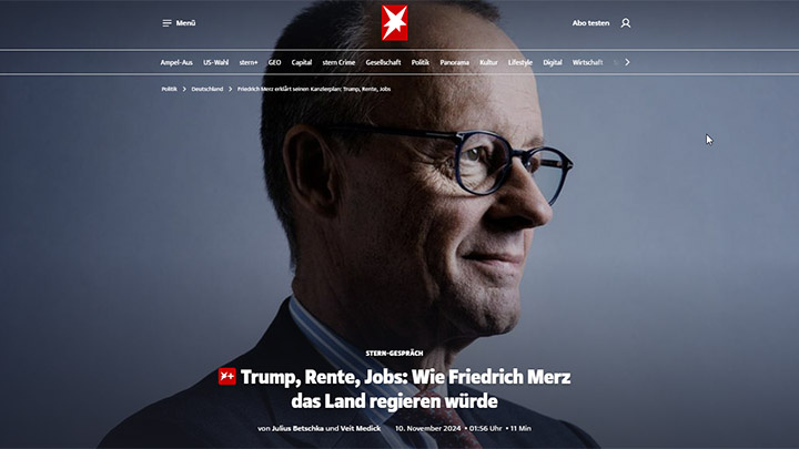    У Фридриха Мерца самые высокие шансы стать следующим канцлером Германии. Пока же он только претендент на этот пост, но это не мешает Мерцу прямо сейчас выдвигать ультиматумы России. Скриншот: страница сайта Stern