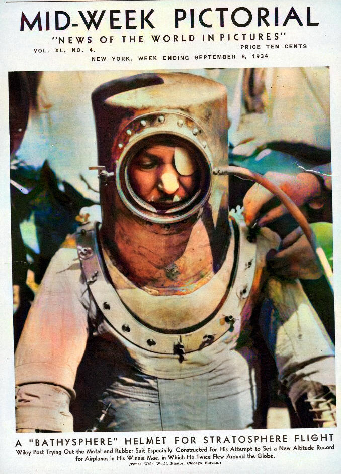 В газете (журнале) от 8 сентября 1934 года рассказывается о первом в истории стратосферном полете в скафандре, совершенном несколько дней назад 5 сентября.
