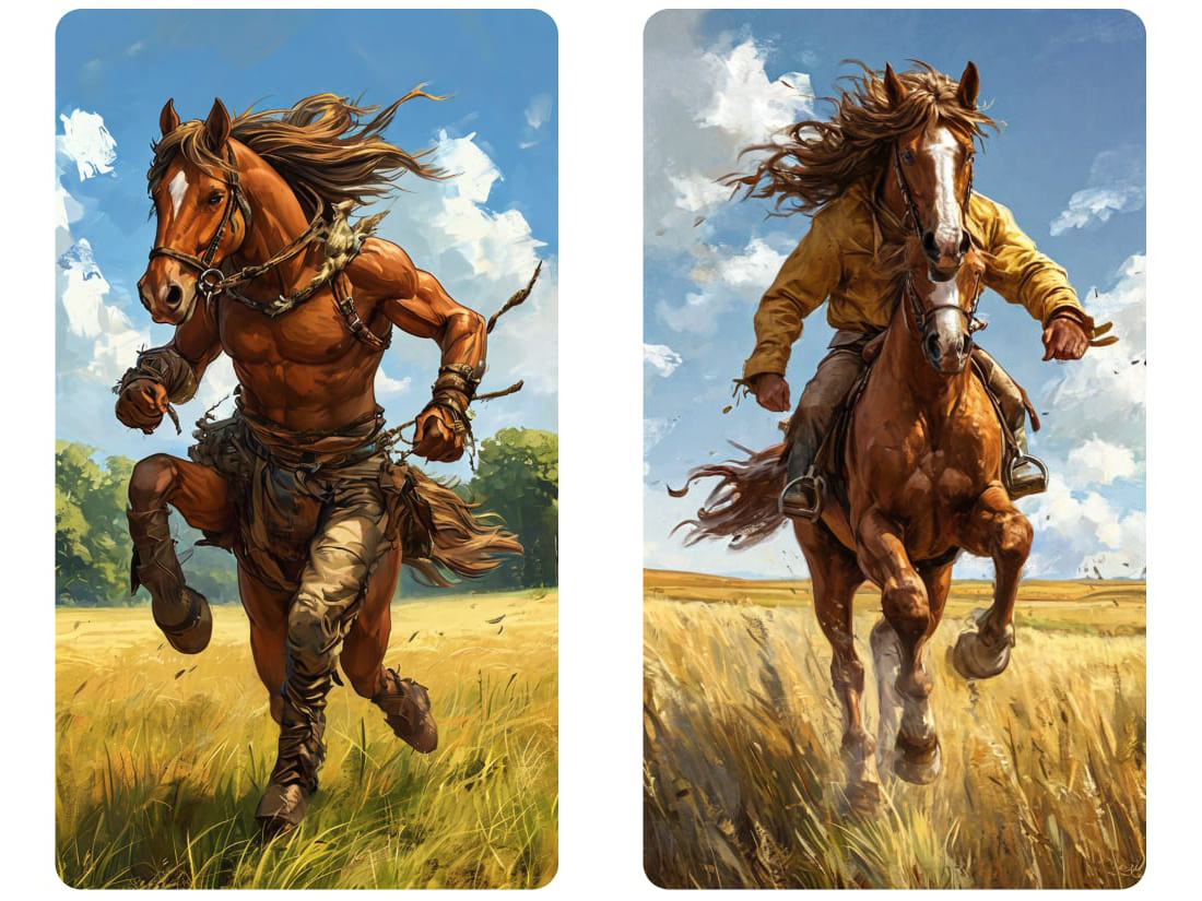 Вот что нейросеть рисует вместо лошади, скачущей на человеке, какой запрос бы ты не ввёл. Или я еще не постигла всех тонкостей написания промтов.