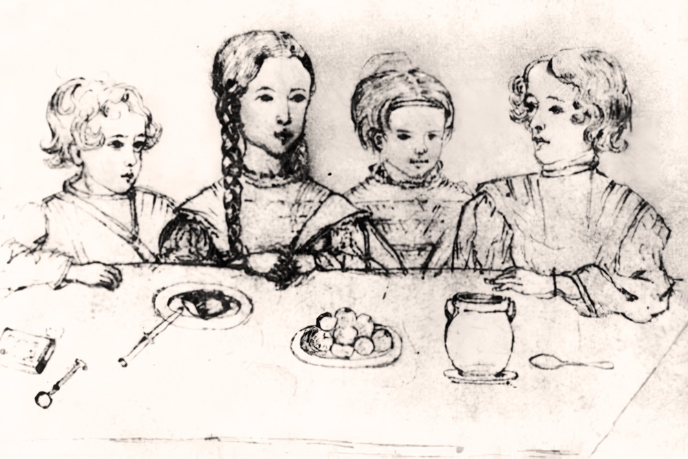    Дети Пушкина в 1841 году: Гриша, Маша, Таша, Саша. Село Михайловское. Рисунок Натальи Ивановны Фризенгоф. / Фото: Wikimedia Commons