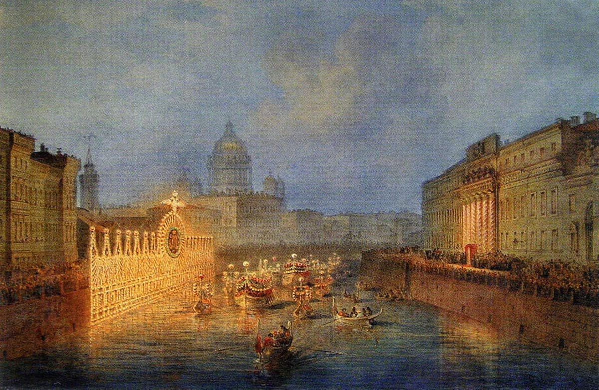 Праздничная иллюминация дворца Юсуповых на Мойке (фрагмент). 1856. Василий Садовников.  Государственный Русский музей, 