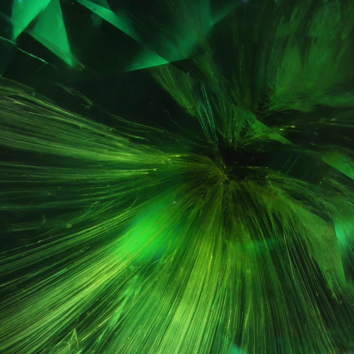 Включения биссолита типа "конский хвост" в демантоиде ,Урал, Россия