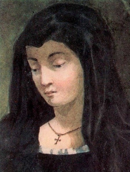 В. А. Лопухина в образе героини драмы М. Ю. Лермонтова "Испанцы" Эмилии. Портрет принадлежит кисти М. Ю. Лермонтова, акварель, 1830-1831 гг. (изображение заимствовано из Яндекс.картинки)