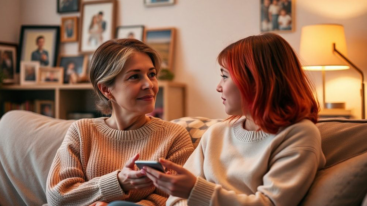 Мама с дочерью подростком смотрят фотографии в телефоне