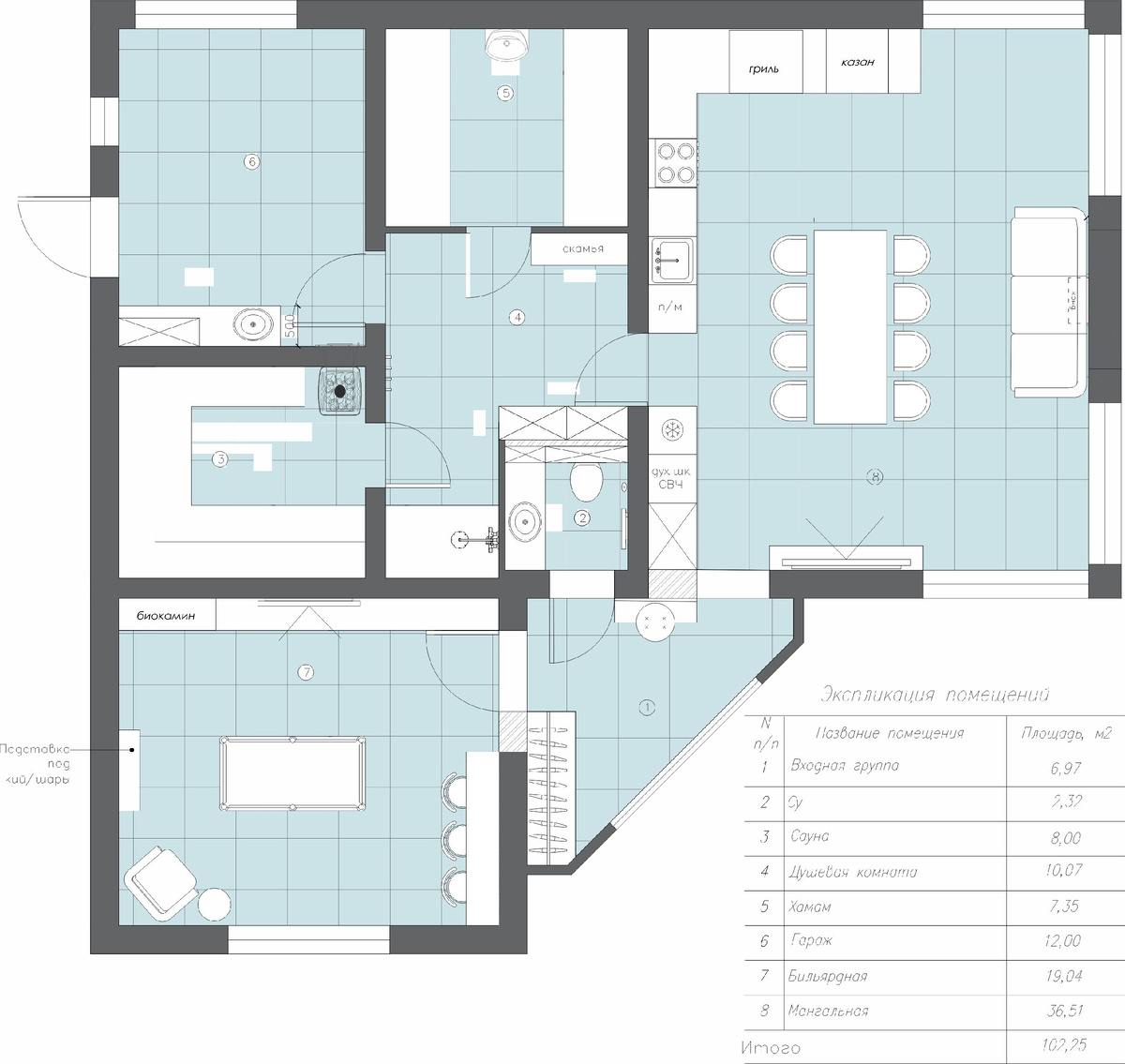 Планировка с расстановкой мебели и оборудования