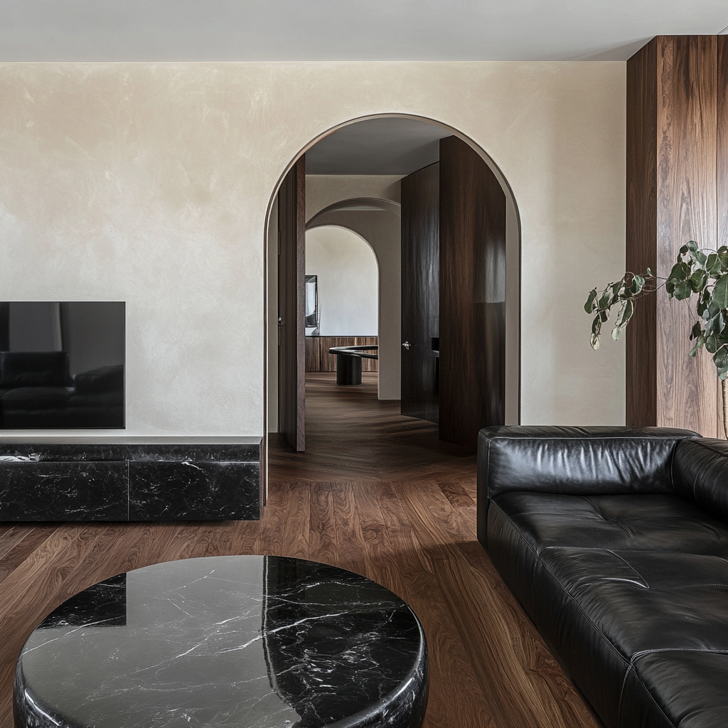 Арки в этом интерьере сочетаются с кожей, камнем и натуральным деревом