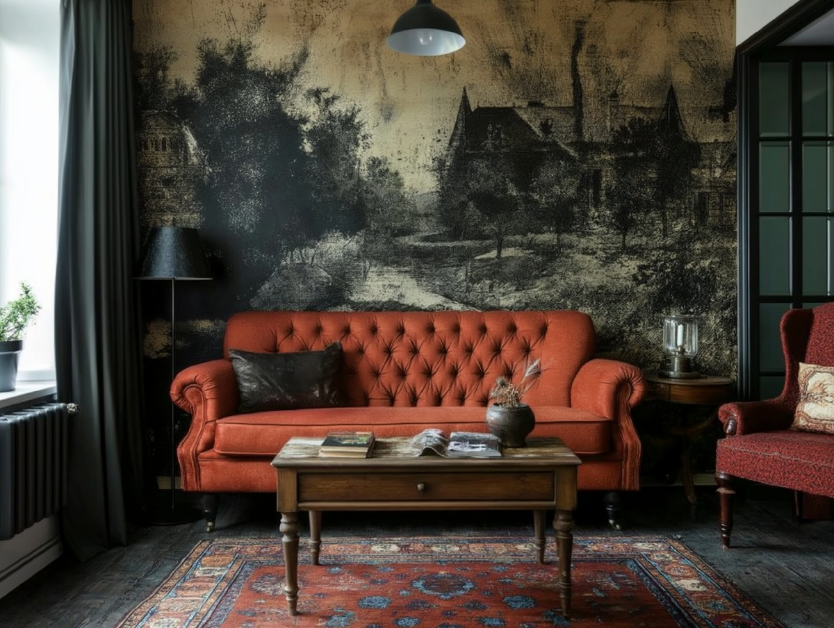 Фотообои с английским пейзажем подчеркивают классические формы мебели