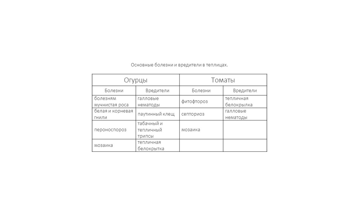 К основным вредителям огурца относятся галловые нематоды, паутинный клещ, табачный и тепличный трипсы, тепличная белокрылка, а к болезням мучнистая роса, белая и корневая гнили, пероноспороз, мозаика.  Томатам, чаще всего, повреждают из вредителей тепличная белокрылка, галловые нематоды, а из болезней - фитофтороз, септориоз, мозаика..
