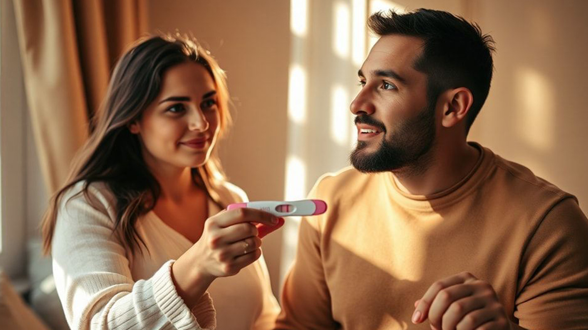 Женщина показывает мужчине тест на беременность