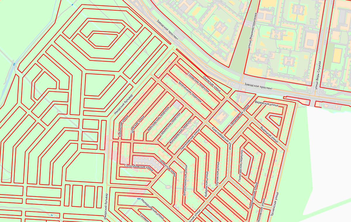 Установленные красные линии, Санкт-Петербург, МО Шушары, вблизи Колпино. Видно как застройка территории ведется в соответствии с красными линиями, можно оценить перспективный транспортный каркас.