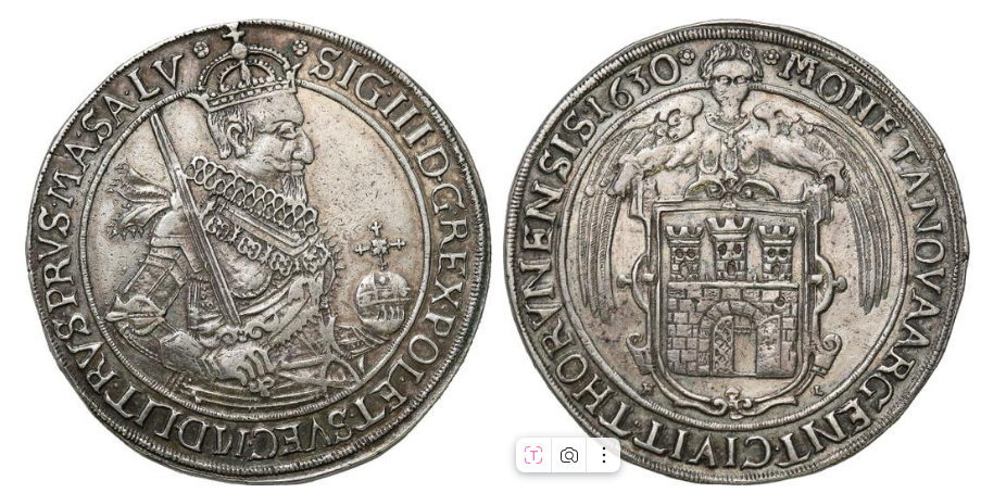 Талер 1630 года Торунь ,серебро 28,83 грамма Сигизмунд III Ваза. Очень редкая монета и на аукционах недавно такая же была продана за 20 000 долларов. Именно такой талер и нашли кладоискатели.