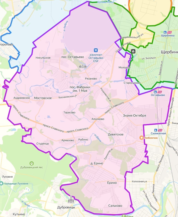 Границы бывшего поселения Рязановское сиреневым цветом.  