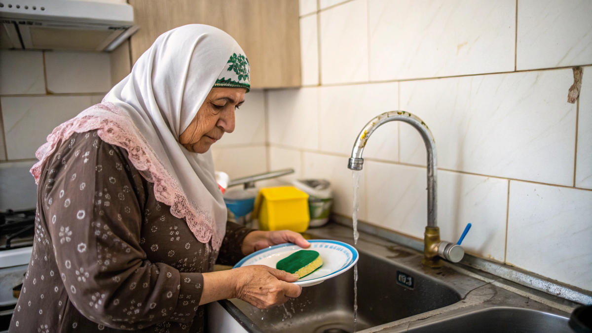 Женщина моет посуду