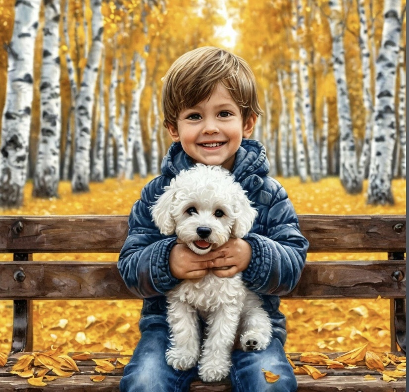 «Щенок играл с мальчиком и веселил его до тех пор пока тот не начал улыбаться и смеяться».