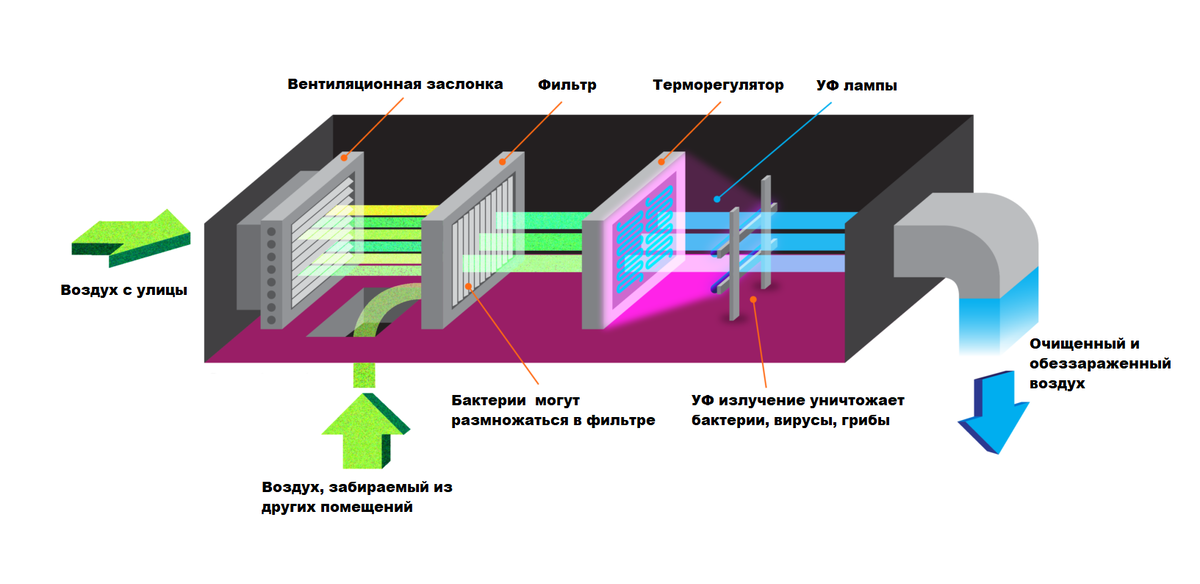 Принцип работы вентиляционной системы с УФ обеззараживанием