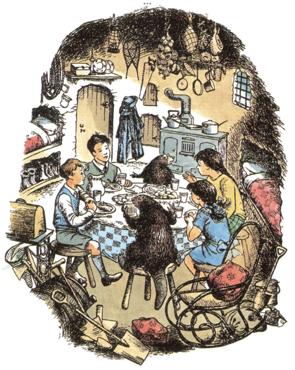 «Тем временем девочки помогали миссис Бобрихе: они накрыли на стол, нарезали хлеб, поставили тарелки в духовку, чтобы они согрелись, поставили на огонь сковородку и растопили сало*. 

И в тот самый момент, как сало* на сковородке начало весело скворчать, в комнату вошли Питер и мистер Бобр с уже выпотрошенной и почищенной рыбой».

*В оригинальной тексте — dripping — это мягкий животный жир, например,  топленый или вытекшие из запеченного в духовке мяса соки. 
