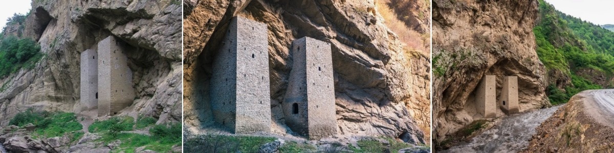 Оборонительные башни, расположенные в Итум-Калинском районе Чеченской Республики у селения Ушкалой на берегу реки Чанти-Аргун.