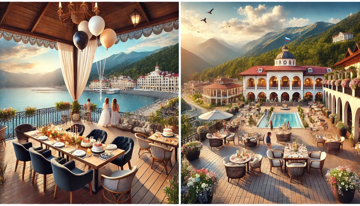 Первое изображение показывает элегантный ресторан на крыше с видом на Черное море, праздничный стол украшен шарами и свечами, гости наслаждаются морской атмосферой. Второе изображение — уютный курорт в Красной Поляне с видом на горы, где праздничный стол оформлен для торжества, а гости расслабляются в роскошной обстановке на открытом воздухе.