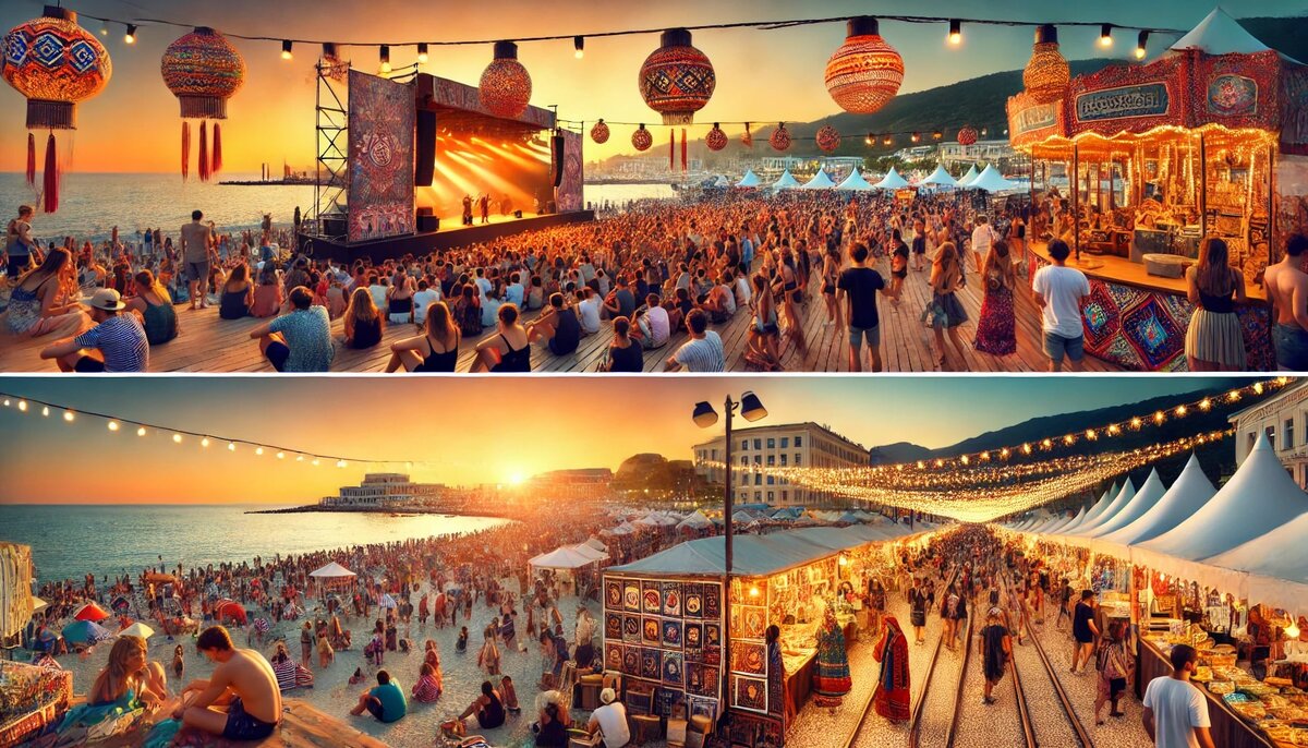 Первое фото показывает оживленный музыкальный фестиваль на пляже Сочи, где толпа наслаждается живой музыкой на фоне заката над Черным морем. Второе изображение демонстрирует культурную ярмарку в центре города с разноцветными палатками, выставками искусства и выступлениями в традиционных костюмах, создавая атмосферу летнего праздника и разнообразия.