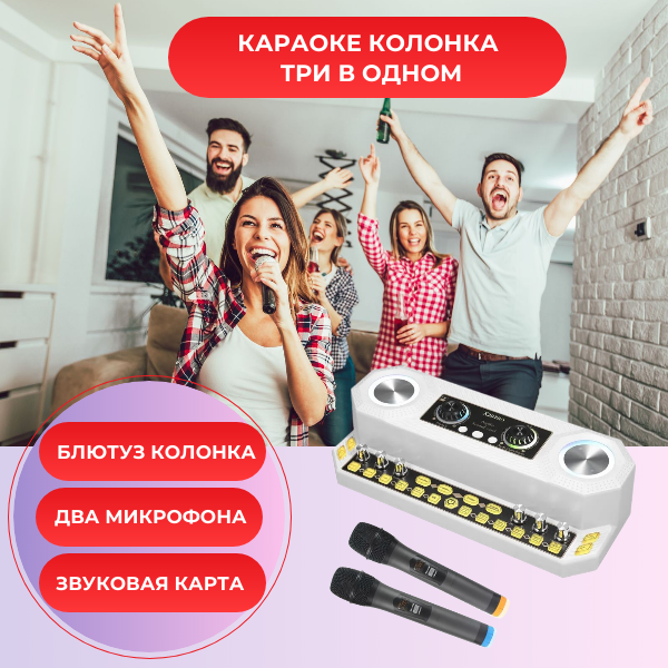 X20PRO Блютуз караоке колонка, с двумя беспроводными микрофонами, звуковая карта.