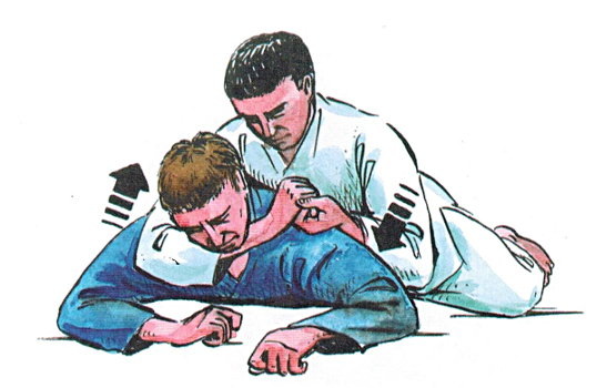 Из Яндекс.Картинок. Удушающий захват можно сделать и сидящему впереди, и сидящему рядом в машине, наручники не помешают. На рисунке вторая рука помогает первой, но это не обязательно. Удушающей рукой взяться за одежду или подголовник, а другой рукой, если нет наручников, открыть дверь и вытолкнуть преступника ногами из машины, пока он занят борьбой с захватом. В случае наручников ногами нападаем на водителя с целью спровоцировать ДТП.