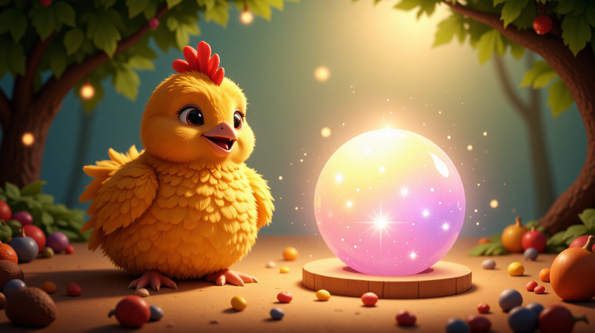 В одном волшебном лесу, где деревья шептали сказки, а цветы пели песни, жила-да-была Курочка Ряба. Она была не простой курочкой, а настоящей красавицей с золотыми перышками и добрым сердцем. Каждый день она гуляла по лесу, собирая семена и разговаривая с животными. Все её любили, и она всегда помогала своим друзьям. Однажды, прогуливаясь по лесу, Курочка Ряба наткнулась на странный предмет, сверкающий на солнышке. Подойдя ближе, она увидела, что это — Магический Шар! Он был круглым, как лукошко, и светился всеми цветами радуги. Курочка, полная любопытства, сказала:
— Здравствуй, Магический Шар! Кто ты такой?
Шар ответил мелодичным голосом:
— Я — Магический Шар! Я исполняю желания, но только для тех, кто искренен и добр сердцем.
