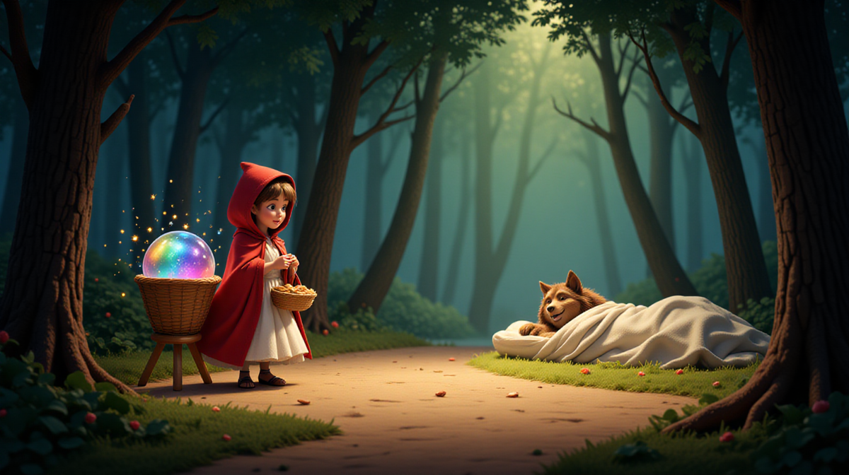 На полпути к бабушке Красная Шапочка встретила Волка. Он был хитрым и лукавым, но притворился добрым. — Куда ты, девочка, идёшь одна в лес? — спросил он, потирая лапы.
— Я иду к бабушке, — ответила она. — Она больна, и я несу ей пирожки.
Волк, желая опередить её, задумал хитрость. Он сказал:
— Зачем тебе идти по этой длинной дороге? Есть короткий путь, который приведет тебя к бабушке быстрее.
Красная Шапочка, не подозревая о его коварстве, согласилась и свернула с тропинки. Волк же, воспользовавшись её наивностью, поспешил к дому бабушки.
Когда он пришёл к дому бабушки, он постучал в дверь.
— Кто там? — спросила бабушка.
— Это я, твоя внучка, Красная Шапочка! — врал Волк, подражая голосу девочки.
Бабушка, не подозревая об обмане, открыла дверь. И вот, Волк проглотил её одним глотком, а затем одел её ночную рубашку и лег в постель, притворившись бабушкой.
