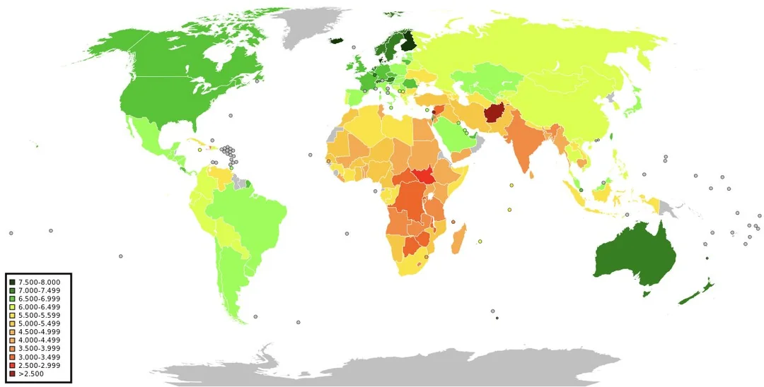 Финляндия считается «самой счастливой страной в мире» и выигрывает этот титул уже шесть лет подряд. Соседняя Россия занимает 70-е место. США занимают 15-е место.
