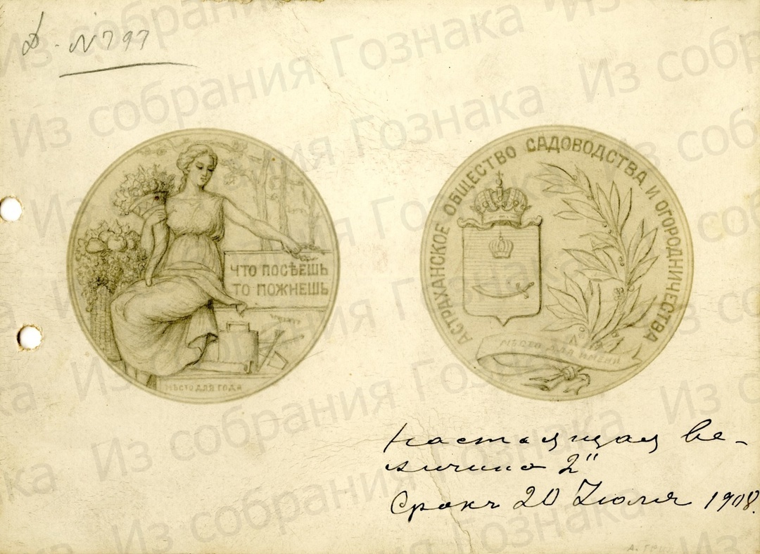 Эскизный проект медали Астраханского Общества садоводства и огородничества, 1908 год. Художник: А. А. Грилихес. Источник фото: Собрание "Гознака".