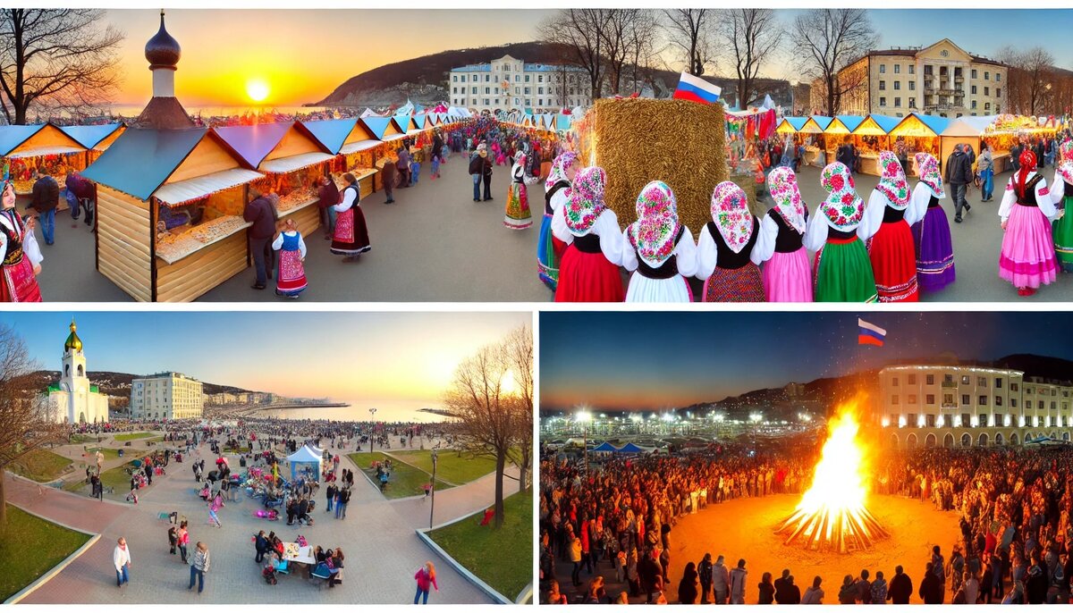 изображение показывает Масленичную ярмарку в центральном парке Сочи с праздничными киосками, где продают блины, люди в народных костюмах и семьи, наслаждающиеся играми на свежем воздухе.