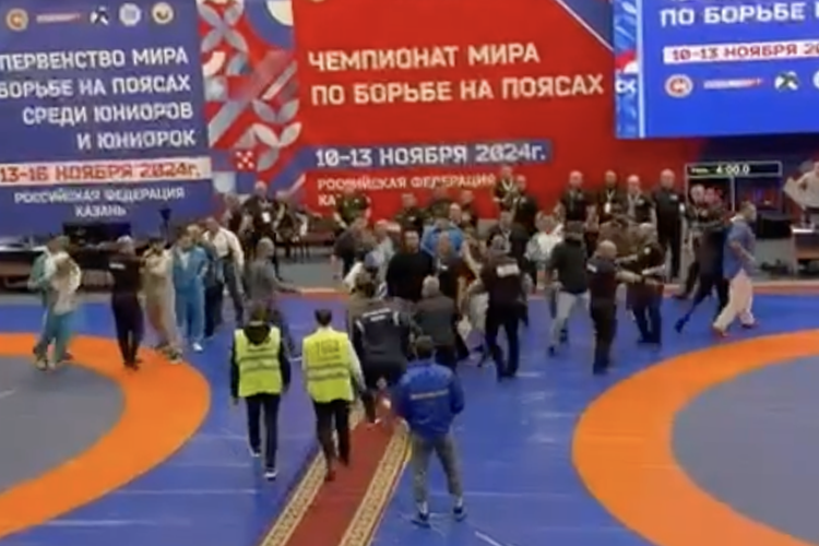    На Искандарова и других представителей сборной Узбекистана двинулась сборная Казахстана. Понимая, что страсти накаляются, с трибун в зал стали выпрыгивать другие борцы.   
Фото: скриншот видео