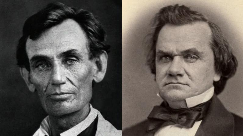 Авраам Линкольн (слева) и Стивен А. Дуглас (справа) о знаменитых дебатах Линкольна-Дугласа 1858 года. Фотография Линкольна была сделана в 1858 году, а фотография Дугласа - в 1859 году, так что они оба выглядели бы примерно так же во время дебатов.