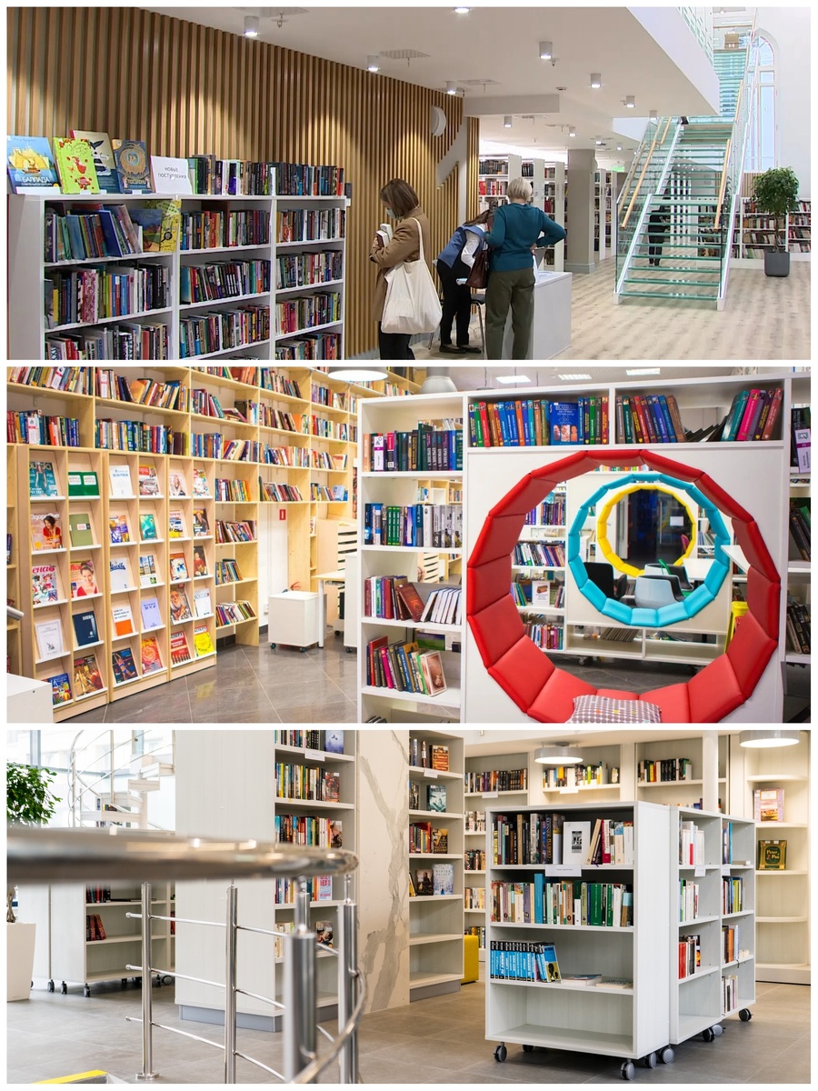 Интерьеры библиотек: 
- Центральная библиотека им. В.В. Маяковского;
- Маяковка в «Севкабель Порту»
- Маяковка. Библиотека Охта-8
Фото взяты с официальных групп в соц.сетях, сайтов библиотек.