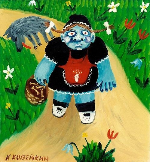 Красная шапочка лучше черной; Не знал волчара, что шапки цвет... Обозначал его конец...; Почернела вся от горя... Шапки цвет сменила тоже...; Сменила шапки цвет... И вот тебе... Конец...; Цвет шапки имеет значение; Черный день волка; Черный шапкач Немалевича...; Увидел шапки черный цвет... И всё... Из жизни он исчез...; 
♦ Черная шапочка (1999) ♦ https://www.facebook.com/nikolai.kopeikin.9/posts/pfbid07zX9zTgKMGrWqGDZimrvkgAPWgSRTdeyrHZ82F6hcdkuLshyYaQaMGLR4ZJVpTDvl