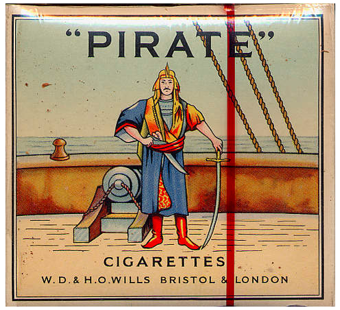"Pirate". Нидерланды, 1950-х годов. 20 штук в выдвижной коробке и в целлофане, Цена (была)  0,85 форинта (гульдена). Производитель: "British American Tobacco Co. (Holland) Ltd.". Владелец торговой марки: "W.D. & H.O. Wills".