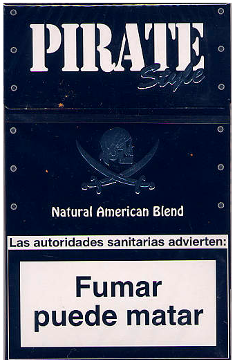 "Pirate" Style. Продано в Испании, 2008 год. 20 штук, с фильтром, в боксе, в целлофане. Смола 9 мг, никотин 1,0 мг. Производитель: "Von Eicken", Германия. Владелец торговой марки: "Von Eicken".