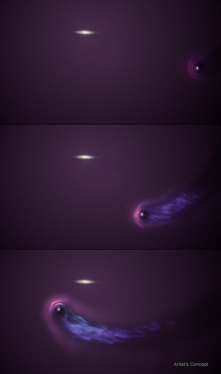 Художественная иллюстрация показывает, как Большое Магелланово Облако (БМО) сталкивается с газовым гало Млечного Пути. Когда БМО приближается к нашей галактике, его гало сжимается, образуя яркий фиолетовый дугообразный фронт. Часть газа отрывается и формирует хвост, похожий на кометный, который позже вольется в Млечный Путь. Несмотря на это взаимодействие, компактное гало БМО сохраняется, поскольку галактика уже прошла точку максимального сближения и теперь удаляется в космос. Фото: NASA, ESA, Ralf Crawford (STScI)