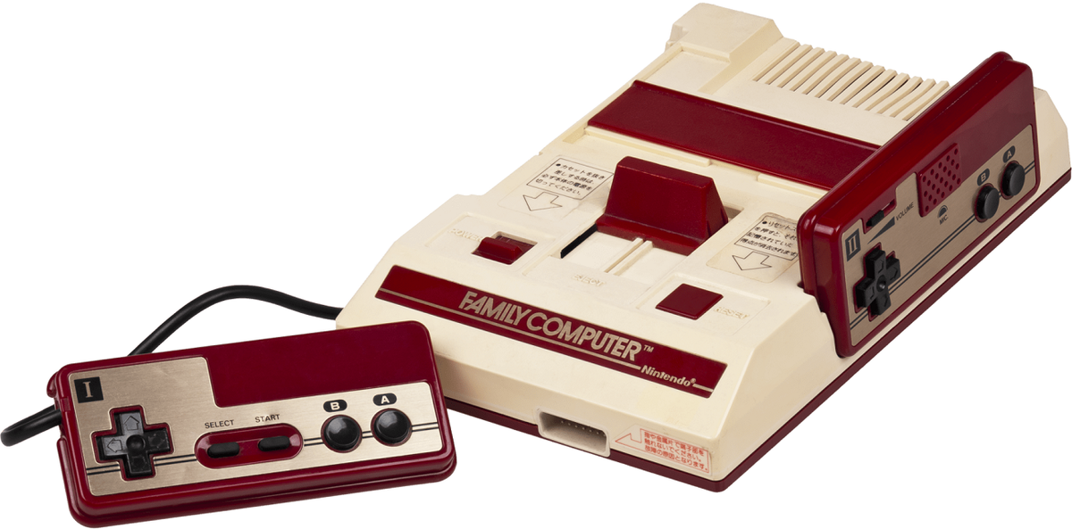 Вот он - оригинальный Famicom. Прошу заметить на отличия в джойпадах - они имеют только 2 правые кнопки и впаянный к корпус приставки провод
