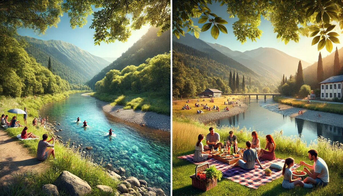 Пикник на природе в окрестностях Сочи река и поляна с видом на холмы