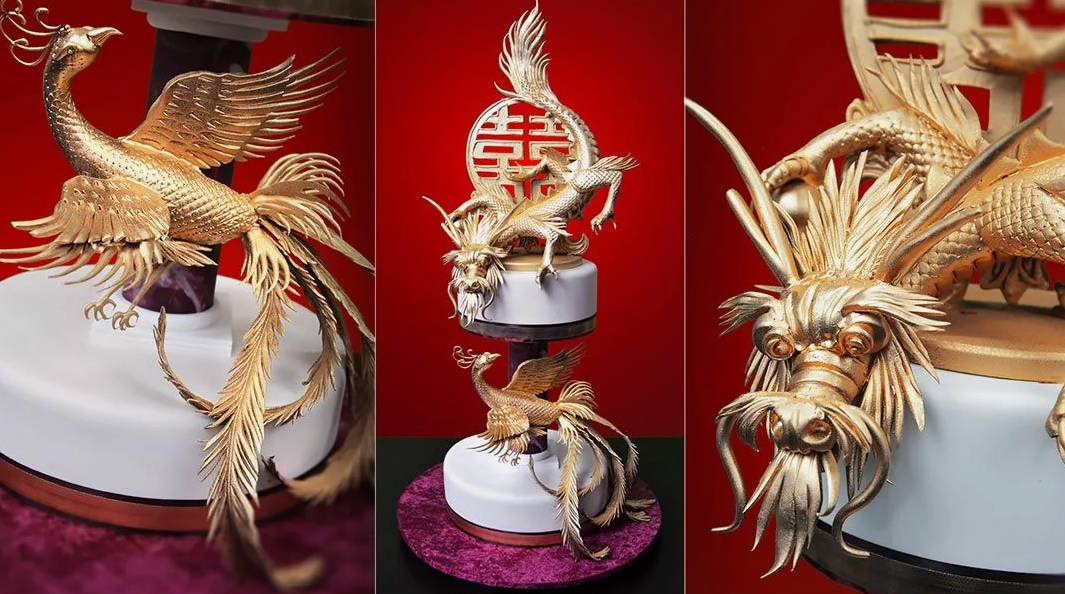На богатых свадьбах заказывают для украшения стола целые кондитерские шедевры на тему Дракона и Феникса