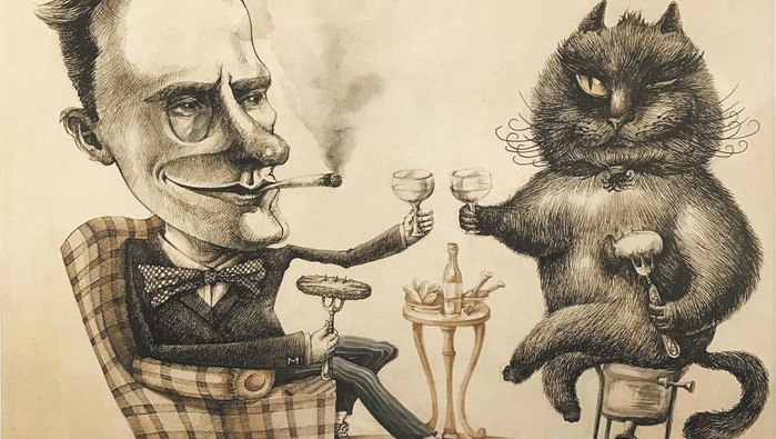 «Михаил Булгаков и кот Бегемот». Шарж. Источник http://m-bulgakov.ru/pamjat/karikatury-i-sharzhi-na-bulgakova.