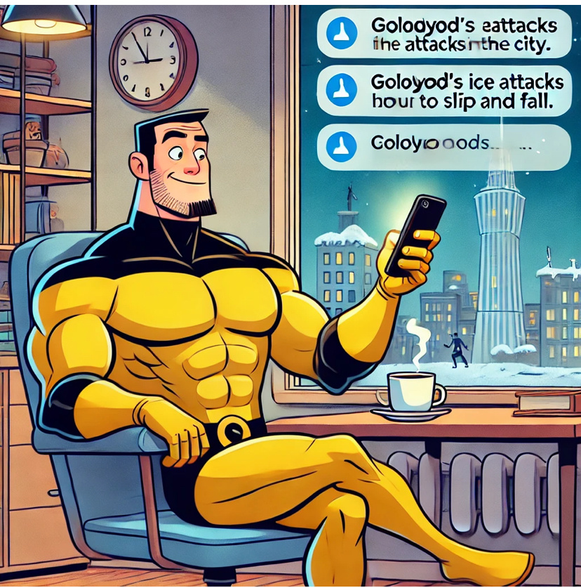 Спиналон (Ⓢ), сидя в офисе, мирно попивает кофе и думает, чем заняться после работы. Но тут его телефон завибрировал от кучи тревожных сообщений: "Гололёд атакует!" — гласили заголовки. "Падение уровня жизни достигло максимума… в прямом смысле!" 