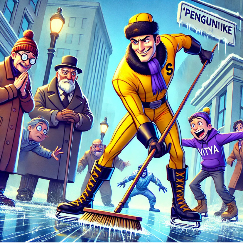 Пока Спиналон помогает прохожим держаться на ногах, Гололёд насмехается издалека: "Посмотрим, как ты справишься, если я сделаю... ЭТО!" Он создает на тротуаре новый уровень льда, как каток. Но тут к Спиналону присоединяется армия бабушек с ледоступами. "Мы тут давно по льду ходим, сынок, не волнуйся!" — говорит одна из них, и вся армия начинает свой танец координации под хит 80-х.