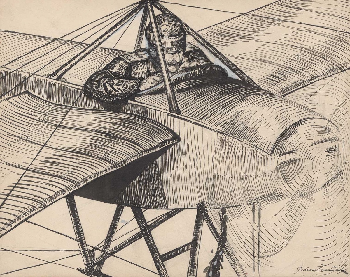 В. Леонтьев. Дело начальника XX корпусного авиационного отряда подъесаула В.М. Ткачева. Россия. 1914-1916. Бумага, тушь, белила; рисунок пером. ВИМАИВиВС