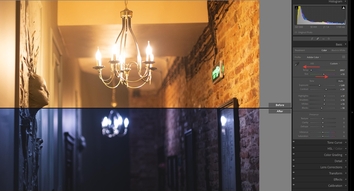    Во вкладке Основные \ Basic сдвиньте ползунок Температура \ Temp влево. Если цвет не синеватый, а с желтизной, сдвиньте ползунок Оттенок \ Tint вправо. Скриншот и фото: Елизавета Чечевица