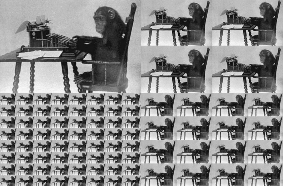 В некоторых формулировках теоремы о бесконечных обезьянах одна обезьяна заменяется несколькими или даже бесконечным их числом.
.